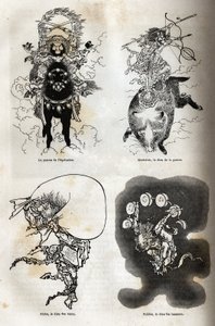 Das Pantheon der japanischen Gottheiten: traditionelle Darstellung einiger typischer Figuren: der Schutzpatron des Reitens; Marisiten, der Kriegsgott; Futen, der Windgott; Raiden, der Donnergott. Illustration der Reise nach Japan, 1863-1864, von von Unknown artist