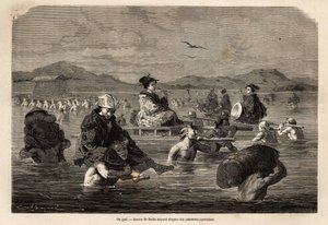 Die Passage eines Fährmanns, mit Darstellung der Methoden zum Transport von Passagieren und Gepäck. Gravur zur Illustration der Reise nach Japan, in den Jahren 1863-1864, von Aime Humbert, Minister der Schweizerischen Eidgenossenschaft, in „Le tour du mond von Unknown artist