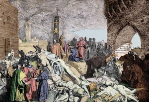 Die Pest von 1348 in Florenz (Italien). Unten links, mit einem Lorbeerkranz, Petrarca, italienischer Dichter und Humanist der Renaissance, spricht mit anderen Menschen