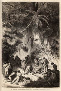 Die Zubereitung einer Mahlzeit im unberührten Wald im Caravaya-Tal (Anden-Kordillere), eine Boa Constrictor mit kurzer Brühe. Gravur zur Illustration der Reise in die Täler von Quinquinas (Peru), von Paul Marcoy, 1849-1861, veröffentlicht in „Le tour du mo