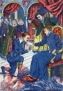 Der Prinz probiert den Eselring an. Anonyme Illustration für „Eselshaut“, Märchen von Charles Perrault (1628-1703), französischer Schriftsteller. Bild von Marcel Vagne, Jarville Nancy, undatiert (spätes 19. Jahrhundert)