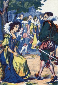 Die Dummheit der Prinzessin verscheucht die Höflinge. Anonyme Illustration für „Riquet mit dem Schopf“, Märchen von Charles Perrault (1628-1703), französischer Schriftsteller. Bild von Marcel Vagne, Jarville Nancy, undatiert (spätes 19. Jahrhundert).