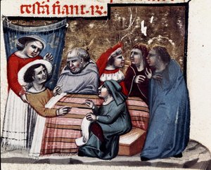 Die Wiederholung des Testaments am Krankenbett (Miniatur) aus dem Codex Justinianus