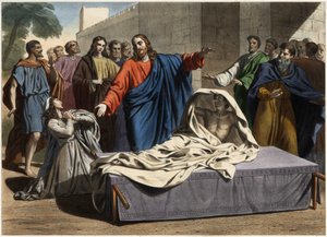 Die Auferstehung des Sohnes der Witwe von Naim: Jesus Christus erweckt den einzigen Sohn der Witwe. Gravur aus der Mitte des 19. Jahrhunderts. von Unknown artist