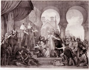 Die Rückkehr von Christoph Kolumbus nach Spanien vor König Ferdinand II. von Aragon und Isabella I. von Kastilien (genannt die Katholische) nach der Entdeckung Amerikas. Gravur des 19. Jahrhunderts.