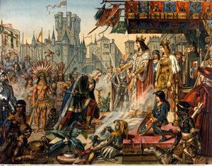 Die Rückkehr von Christoph Kolumbus nach Spanien vor König Ferdinand II. von Aragon und Isabella I. von Kastilien (genannt die Katholische) nach der Entdeckung Amerikas. Gravur aus dem 19. Jahrhundert.