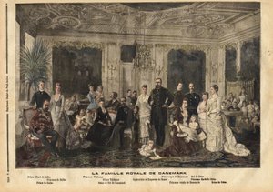 Die königliche Familie von Dänemark, in der Mitte sitzend, Königin Louise von Hessen-Kassel (1817-1898) und König Christian IX. von Dänemark (1818-1906) genannt „der schöne Vater Europas“, weil er mehrere seiner Kinder mit Erben der großen königlichen Fami von Unknown artist