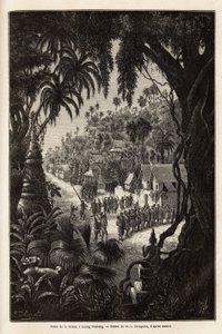 Die Saisonfeiern in Luang Prabang, königliche Hauptstadt von Lan Xang (Königreich der Millionen Elefanten) (heutiges Laos), bestehend aus einer Prozession der Einwohner und einer Pagode der Anbetung durch die ganze Stadt. Gravur zur Illustration einer Entd von Unknown artist