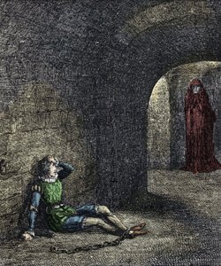 Das Gespenst des Turms. Der Gefangene in einem Verlies sieht einen Geist vor sich. Illustration für „The Tower of London“ von William Harrison Ainsworth