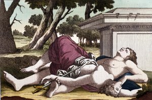 Der Selbstmord des Pyramus unter dem Maulbeerbaum und der Tod der Thisbe. Überzeugt, dass die Löwin Thisbe verschlungen hatte, gab sich Pyramus den Tod und bedeckte die weißen Maulbeeren mit seinem Blut. Thisbe, die sich versteckte, um der Löwin zu entkomm von Unknown artist