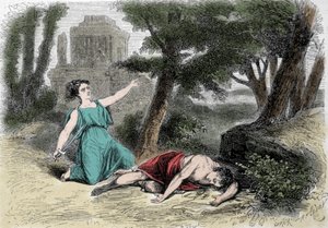 Der Selbstmord des Pyramus unter dem Maulbeerbaum und der Tod der Thisbe. Überzeugt, dass die Löwin Thisbe verschlungen hatte, gab sich Pyramus den Tod und bedeckte die weißen Maulbeeren mit seinem Blut. Thisbe, die sich versteckte, um der Löwin zu entkomm von Unknown artist