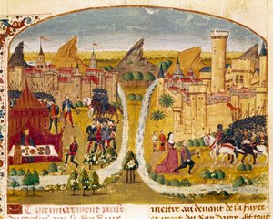 Die Übergabe einer Stadt Mesopotamiens. Miniatur aus dem „Buch der Taten Alexanders des Großen“ von Quintus Curtius Rufus (1. Jahrhundert), um 1468. (Ms 1335) Reims, Stadtbibliothek