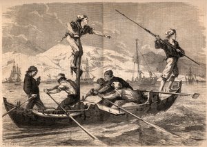 Die Schwertfisch-Harpunenfischerei (pesce spada, Schwertfisch) an der Küste Siziliens in Italien im Jahr 1862. Gravur in „Le Monde illustre“ von 1862. Private Sammlung