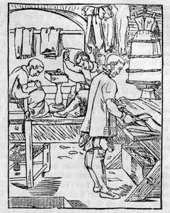 Die Schneiderwerkstatt im 16. Jahrhundert, das Zuschneiden von Stoffen - In „Der malerische Laden“ 1836