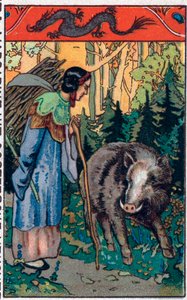 Der schreckliche Eber. Chinesisches Märchen. Chromolithographie aus dem späten 19. Jahrhundert.