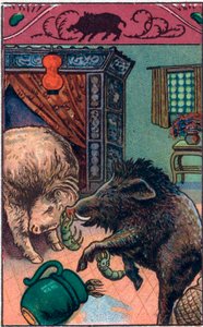 Das schreckliche Wildschwein. Chinesisches Märchen. Chromolithographie aus dem späten 19. Jahrhundert.
