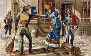 Das Gewerbe des Straßenkehrers im Jahr 1820: Ein Straßenkehrer hilft einer jungen Frau, eine Pfütze zu überqueren. von Unknown artist