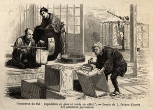 Der Handel mit Tee: Groß- und Einzelhandel. Gravur zur Illustration der Reise nach Japan, von Aimé Humbert, Minister der Schweizerischen Eidgenossenschaft, 1863-1864, veröffentlicht in „Le tour du monde“, 1869, herausgegeben von Edouard Charton, Edition Ha
