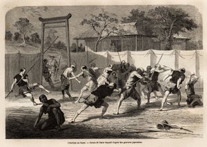 Das Training japanischer Krieger im Schwert- und Speerkampf in einer Art Arena, umgeben von gespanntem Segeltuch. Illustration der Reise nach Japan, 1863-1864, von Aime Humbert, Minister der Schweizerischen Eidgenossenschaft, in "Le tour du monde, nouveau"