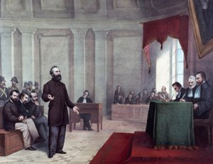 Der Prozess von Felice Orsini (1819 - 1858), der am 14. Januar 1858 das Attentat auf Napoleon III. verübte. Lithographie aus dem späten 19. Jahrhundert von Unknown artist