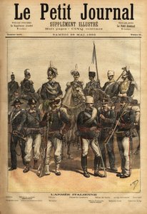Die Uniformen der italienischen Armee, ein Pferd von links nach rechts: die Artillerie, der Kavallerieoffizier, der General, der Oberst der Carabinieri, der Offizier der Führer, das 10. Regiment der Lanzen, das Hundertste. Stehend von links nach rechts: de von Unknown artist