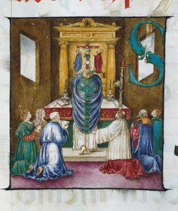 Die Erhebung der Hostie. Lettrine S. - aus einem Chorbuch des 16. Jahrhunderts. Kirche der gekrönten Jungfrau von Lodi