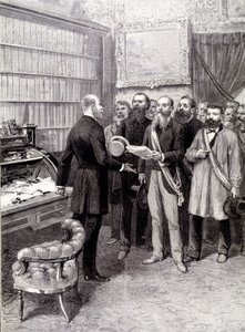Der Besuch der Arbeiterdelegierten im Palais Bourbon (Jules Guesde, Herr Ferroul, Herr Baudin und Herr Thivrier) beim Generalsekretär der Präsidentschaft: Herr Martin, während der Demonstration am 1. Mai von Unknown artist