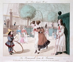 Der Spaziergang unter der Wiege: Die beiden kleinen Damen, die diese Wiege bilden, stammen aus demselben Bein (Jardin des Tuileries), um 1840 von Unknown artist
