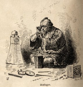 Der Uhrmacher und Sonnenuhrhersteller, in seiner Werkstatt, hockend vor einem kleinen Amboss, seine Werkzeuge um ihn herum verstreut. Gravur zur Illustration der Reise nach Japan, von Aime Humbert, Minister der Schweizerischen Eidgenossenschaft, 1863-1864,