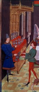 Das Hochzeitsbankett von Clarisse, Tochter von König Yvon von Gascogne und Renaud (Detail) Miniatur aus dem Manuskript „Renaud de Montauban“ von Loyset Liedet