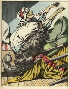 Der Wolf schlägt die Großmutter von Rotkäppchen. Illustration des Märchens „Rotkäppchen“ von Charles Perrault