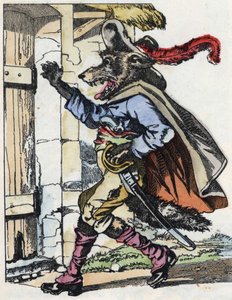Der Wolf klopft an die Tür des Biquet-Hauses. Illustration aus dem Märchen „Compere le Loup, Maitre Renard, Comere la Chevre et ses petits biquets“ nach einer Fabel von Jean de La Fontaine. In „Märchen aus dem Heim für die Kleinen“. Anonyme Gravur