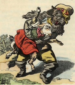 Der Wolf läuft mit dem kleinen Zicklein davon. Illustration des Märchens „Bon Médor und das kleine Zicklein“. In „Märchen aus dem Heim für die Kleinen“. Anonyme Gravur des 19. Jahrhunderts. von Unknown artist