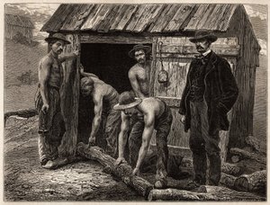 Die Holzarbeiter der Montchanin-Mine, werfen sie in den geneigten Schacht; im Kostüm, der Chefingenieur der Mine überwacht die Manöver. Gravur zur Illustration einer Reise nach Creusot und den Minen von Saône und Loire, 1865, von L. Simonin, in „Le tour du von Unknown artist