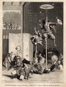 Theater Saltimbanques: Jongleure, Equilibristen und Akrobaten, die typischen der Edo-Region (Tokio), erkennbar an ihren Balanceakten mit falscher Nase aus Mist, dem Hauptattribut der Gottheit Tengu, Schutzpatron dieser Saltimbanques. Illustration der Reis