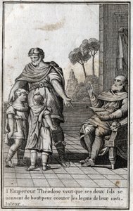 Theodosius I., römischer Kaiser, möchte, dass seine beiden Söhne, Arcadius und Honorius, aufstehen, um den Lektionen ihres Lehrers zuzuhören. 4. Jahrhundert. Gravur in „Beaute de l
