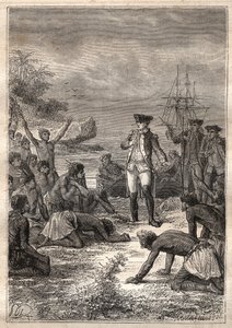 Dritte Reise (1776-1779) von Kapitän James Cook (1728-1779): Cook wird von den Eingeborenen (Hawaii) begrüßt - Illustration aus „Die großen Seefahrer des 18. Jahrhunderts“