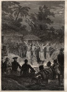 Dritte Reise (1776-1779) von Kapitän James Cook (1728-1779): ein Fest auf den Freundschaftsinseln (Königreich Tonga, Polynesien) - Illustration aus „Die großen Seefahrer des 18. Jahrhunderts“ von Unknown artist