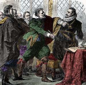 Dreißigjähriger Krieg: Unterschreib es, Nandel! - Dreißigjähriger Krieg (1618-1648): Graf Paul Jakob von Starhemberg (1560-1635) bittet Kaiser Ferdinand II. (1578-1637), ein Abkommen zur Wiederherstellung des Friedens in Böhmen zu unterzeichnen