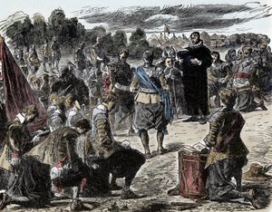 Dreißigjähriger Krieg: Schweden im Gebet vor der Schlacht von Lützen - Dreißigjähriger Krieg (1618-1648): König Gustav II. Adolf von Schweden (1594-1632) und seine Truppen versammeln sich vor der Schlacht von Lützen (1632) zu einer religiösen Feier von Unknown artist