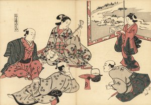 Drei Samurai hören einer Kurtisane zu, die Shamisen spielt, während ein Kamuro Essen auf einem Tablett bringt. Holzschnitt von Masanobu Okumura (1686-1764) aus Fuzoku Emakimono, Bildrolle des Wasserhandels, Tokio, Nachdruck um 1880.