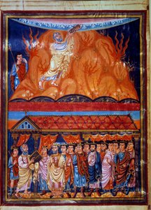 Oben: Moses empfängt die Gesetzestafeln, unten: Moses erklärt dem hebräischen Volk das Gesetz. Miniatur aus „Erste Bibel von Karl dem Kahlen“ von Unknown artist