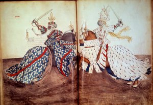 Turnier: Spiel des anklagenden Herrn und des verteidigenden Herrn (Herzog von Bretagne und Herzog von Bourbon gegenüber). Manuskript „Buch der Turniere“ von Rene d