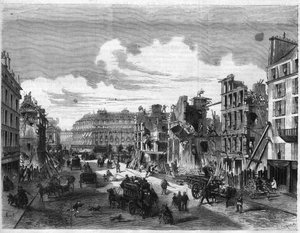 Transformationen von Paris unter dem Zweiten Kaiserreich, Paris Haussmann: Abriss der Rue de la Paix für die Eröffnung der Rue Réaumur. Gravur in „Das Illustrierte Universum“