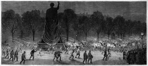 Transport der Statue der Republik (Marianne in Bronze, 9,50 m hoch) von den Werkstätten von Herrn Thiebaut zum Place de la Republique in Paris im Jahr 1883