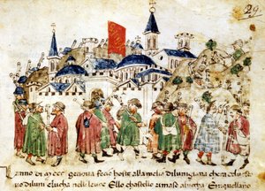 Reisende Pilger kommen in Rom an. 14. Jahrhundert. Chroniken Sercambi. Lucca, Nationalarchiv.