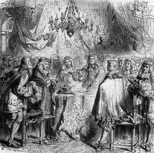 Vertrag von Aachen. Unterzeichnet am 2. Mai 1668 zwischen Frankreich und Spanien, beendete er den Devolutionskrieg und übergab Flandern an Frankreich. Gravur von 1866