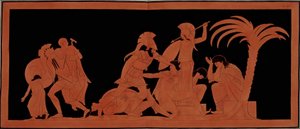 Trojanischer Krieg: Ilions letzte Nacht - linke Gruppe: Aeneas trägt seinen alten Vater Anchises in seinen Armen, der junge Ascanius geht vor seinem Vater - mittlere Gruppe: Kassandra zu Füßen einer Göttin kann die Kühnheit von Ajax, der Conoebus (ihren Ge