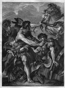 Zwölf Arbeiten des Herkules: Diomedes wird von Herkules getötet und von seinen eigenen Pferden gefressen. Gravur nach dem Gemälde von Jean-Baptiste-Marie Pierre (1714-1789)