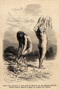 Zwei Siriniris-Indianer versuchen, Hosen und Westen anzuziehen, die ein Mitglied der Expedition am Ufer der Seen am Fuße des Mount Basiri (Peru) zum Trocknen aufgehängt hatte. Gravur zur Illustration der Reise in die Täler von Quinquinas (Peru), von Paul M
